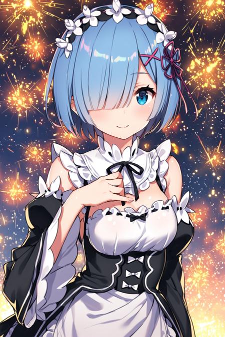 29428-3206693557-rem (re_zero),1girl,solo,roswaal mansion maid uniform,twins,siblings,short hair,blue hair,blue eyes,maid,ribbon,hair ornament,ha.png